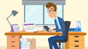 Cartoon illustration of a confident freelancer at a modern desk reviewing quarterly tax payment schedule on computer, with colorful calendar showing payment dates, calculator, and organized filing system nearby