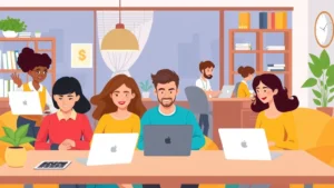 Diverse professionals working independently at laptops in modern home offices, representing flexibility and autonomy of contractor work, colorful cartoon illustration