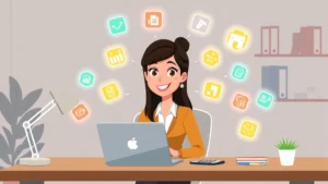 Cartoon professional woman sitting at desk with laptop, multiple glowing project icons floating around her, colorful freelance work symbols, modern minimalist office space, happy confident expression