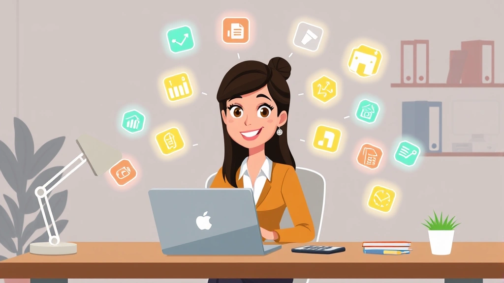 Cartoon professional woman sitting at desk with laptop, multiple glowing project icons floating around her, colorful freelance work symbols, modern minimalist office space, happy confident expression