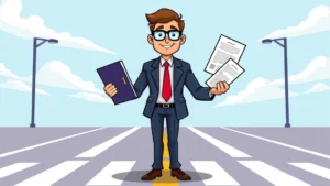 Cartoon professional confidently holding briefcase and multiple contracts, standing at crossroads representing career independence and business opportunity, vibrant colors, no text