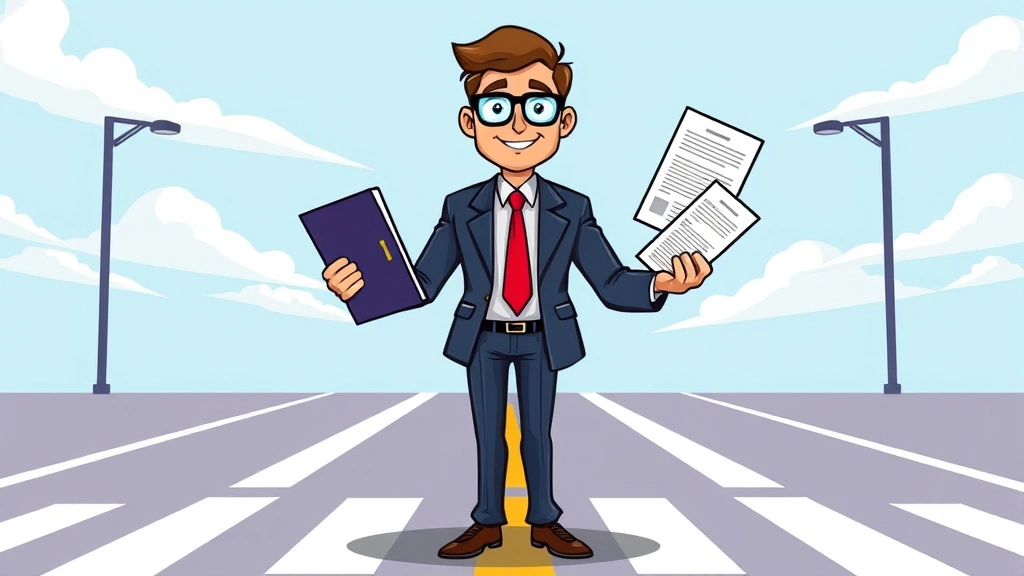 Cartoon professional confidently holding briefcase and multiple contracts, standing at crossroads representing career independence and business opportunity, vibrant colors, no text