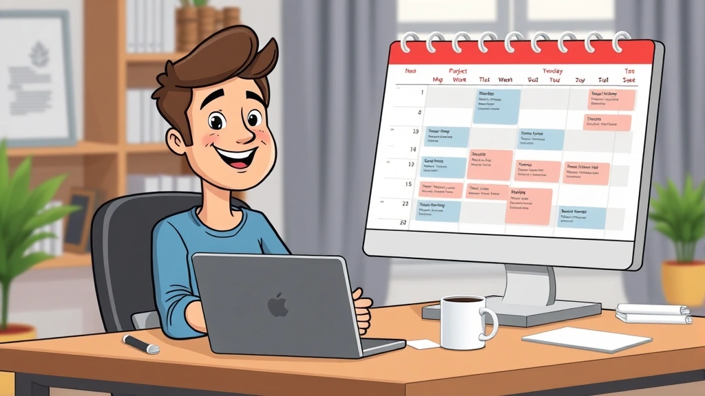 Cartoon freelancer sitting at desk with laptop, coffee mug, and calendar showing flexible schedule, smiling confidently while managing multiple projects on screen, professional home office background