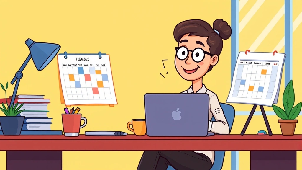 Cartoon professional freelancer sitting at desk with laptop, coffee cup, and calendar showing flexible schedule, bright colors, modern workspace