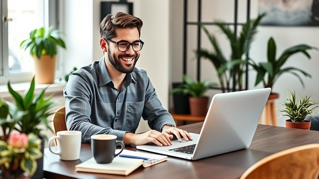 Professional freelancer working at laptop in modern home office, surrounded by plants, coffee cup, and notebook, smiling confidently at screen