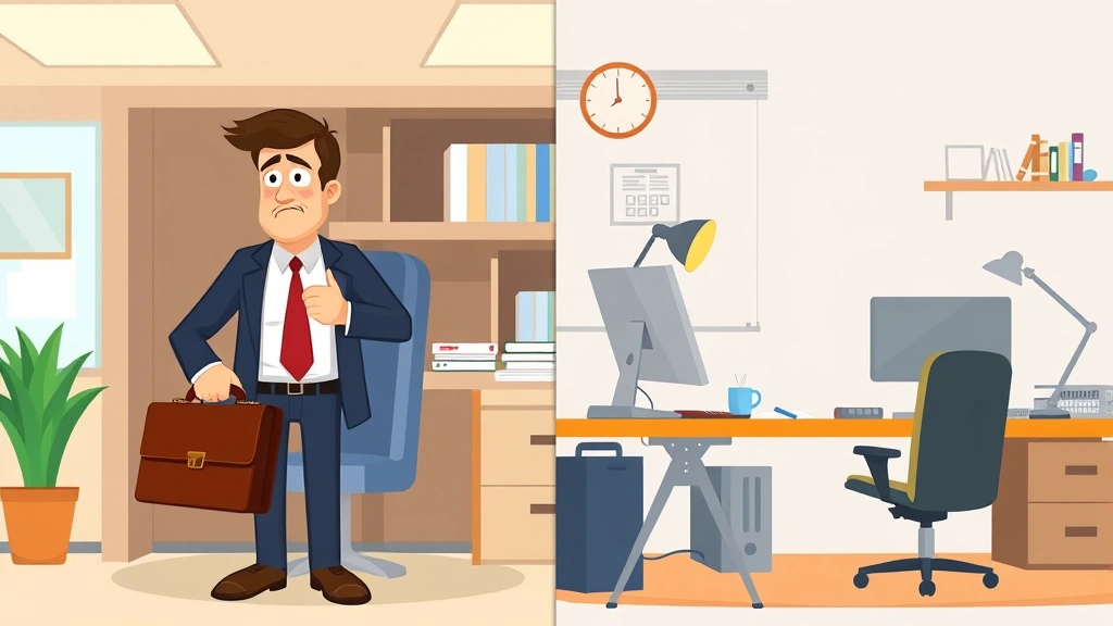 Split-screen comparison: left side shows businessman with briefcase in office cubicle looking stressed, right side shows contractor at home desk looking relaxed and free, cartoon style