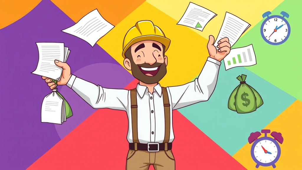 Cartoon graphic showing happy contractor juggling multiple project documents and money bags, colorful geometric background, upbeat energy, calendar and clock elements visible