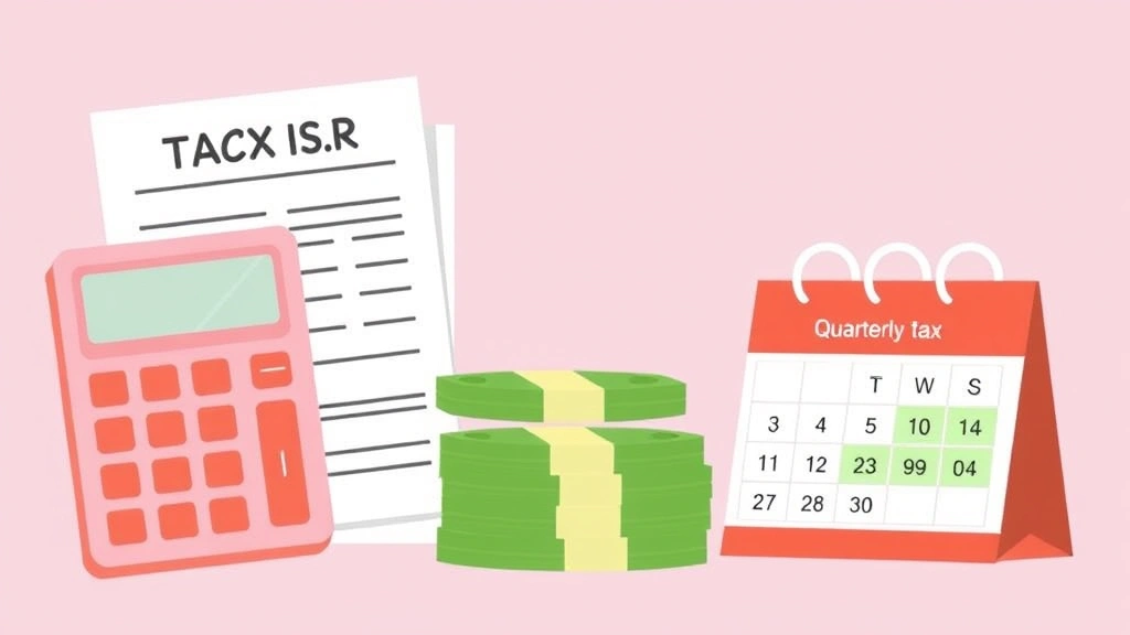 Cartoon illustration of financial planning: calculator, tax forms, money stacks, and calendar showing quarterly tax payments, representing 1099 tax obligations