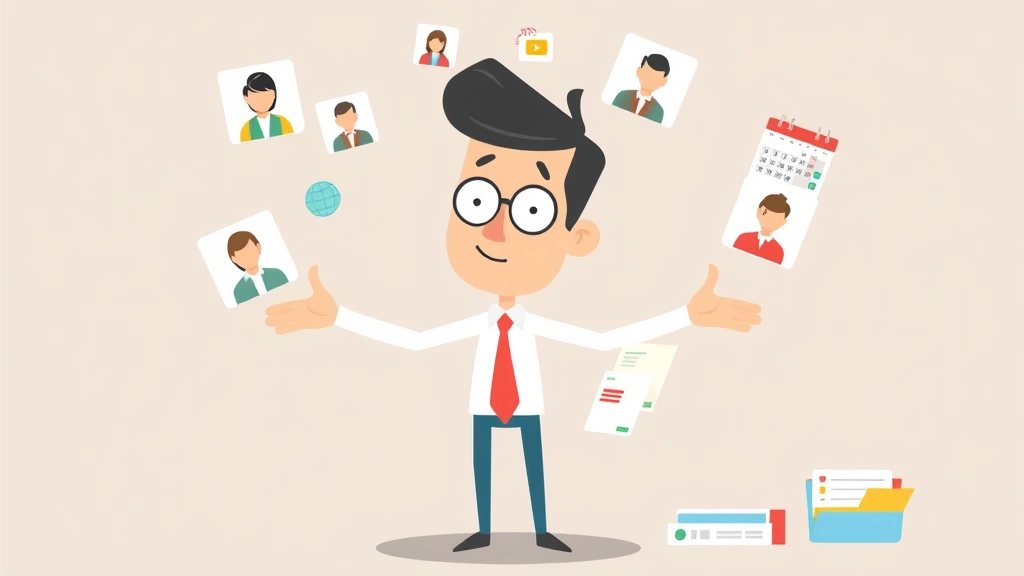 Cartoon figure juggling multiple client icons and project folders while managing calendar and invoices, representing freelance workload management and organization
