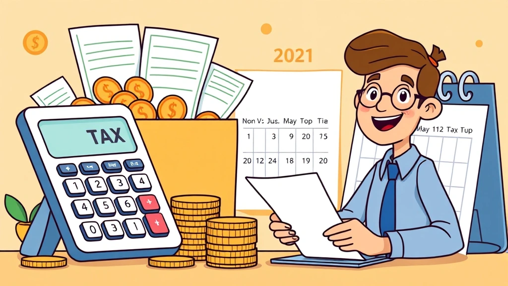 Animated tax calculator with coins and receipts, freelancer organizing finances in organized folders, calendar showing quarterly payment dates, cheerful professional theme