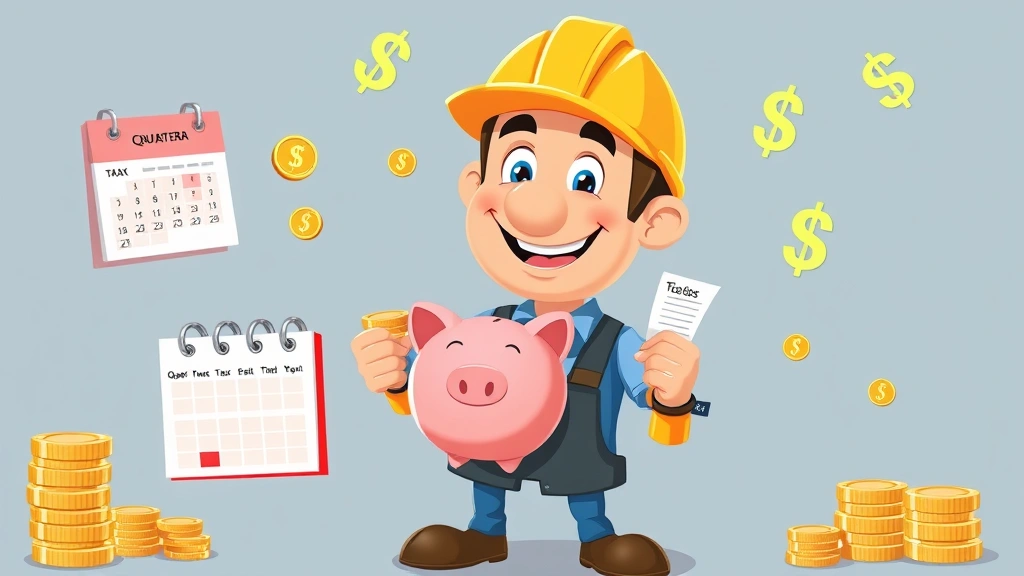 Cheerful contractor character holding a piggy bank and coins, with calendar showing quarterly tax dates, dollar signs floating around, bright financial planning theme