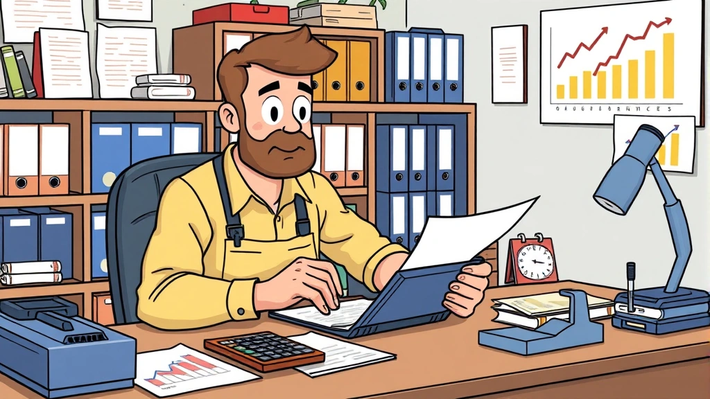 Male contractor reviewing financial documents and calculator on desk with organized filing system, charts showing income growth, cartoon professional style illustration
