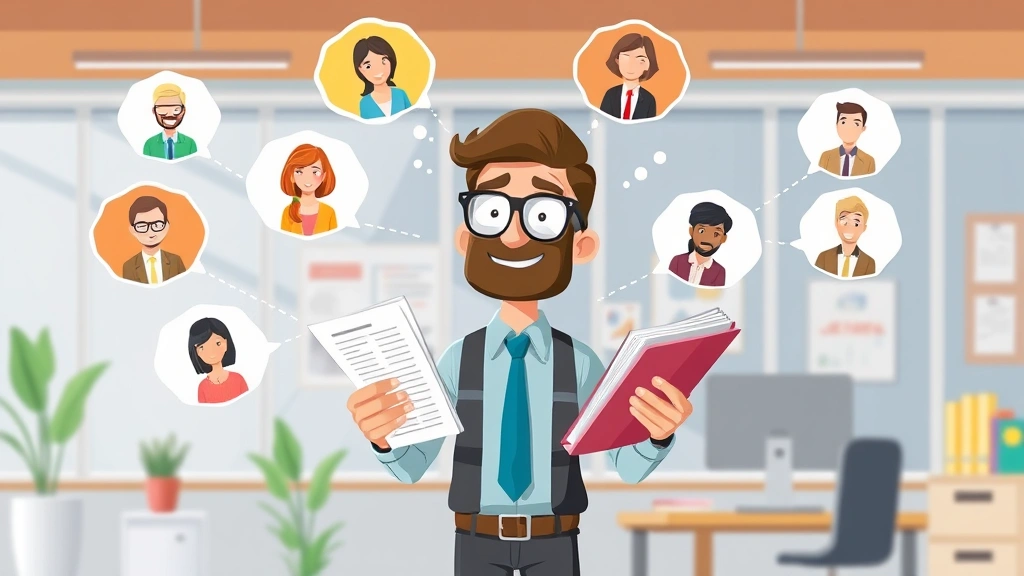 Animated contractor juggling multiple income sources and project files, diverse clients represented by thought bubbles, upbeat professional setting with modern office elements