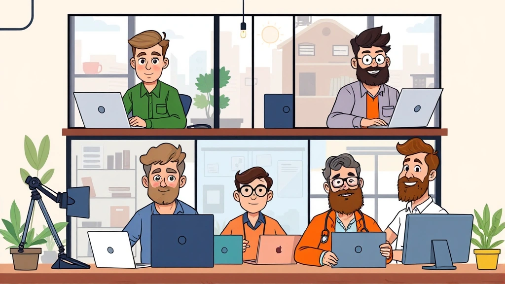 Diverse group of cartoon contractors collaborating remotely on video call, each in their own workspace with different professional backgrounds visible through windows