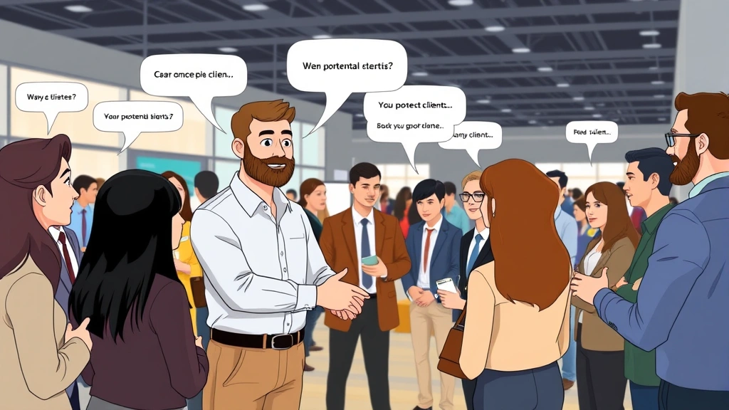 Animated scene of a contractor networking at a professional conference, shaking hands with potential clients, multiple conversation bubbles, diverse group of professionals, modern venue with business casual attire