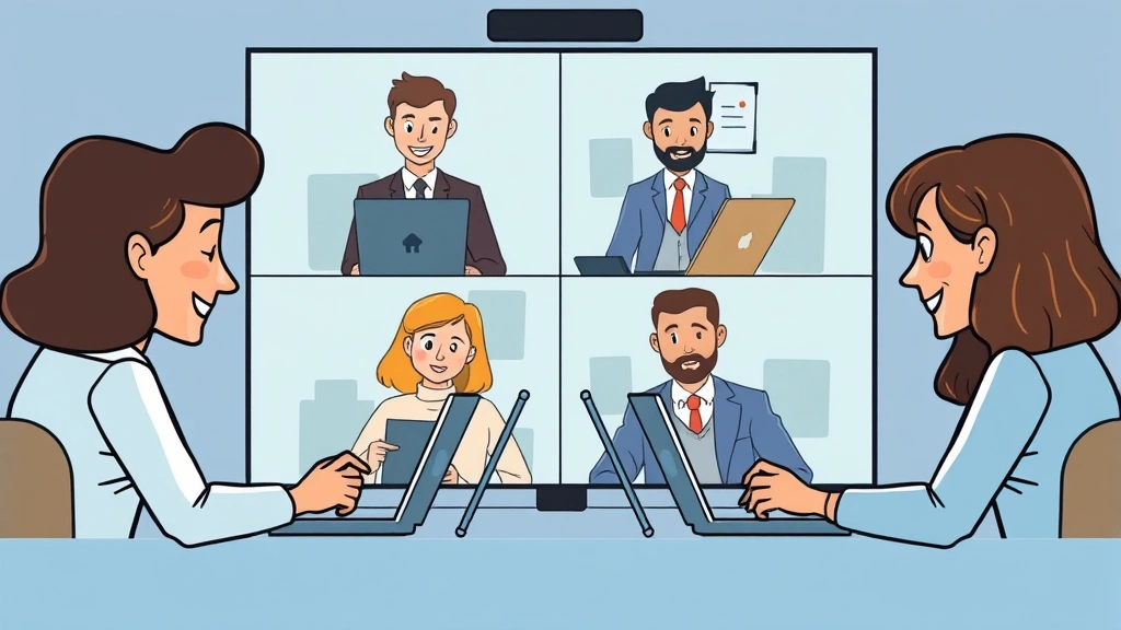 Multiple business professionals collaborating remotely via video conference, diverse team, laptops and digital screens, cartoon illustration style
