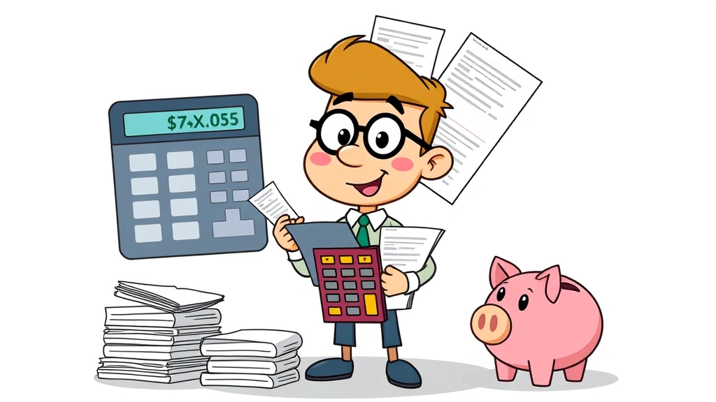Cartoon character organizing tax documents, receipts, and financial spreadsheets with calculator and piggy bank, representing financial planning and organization