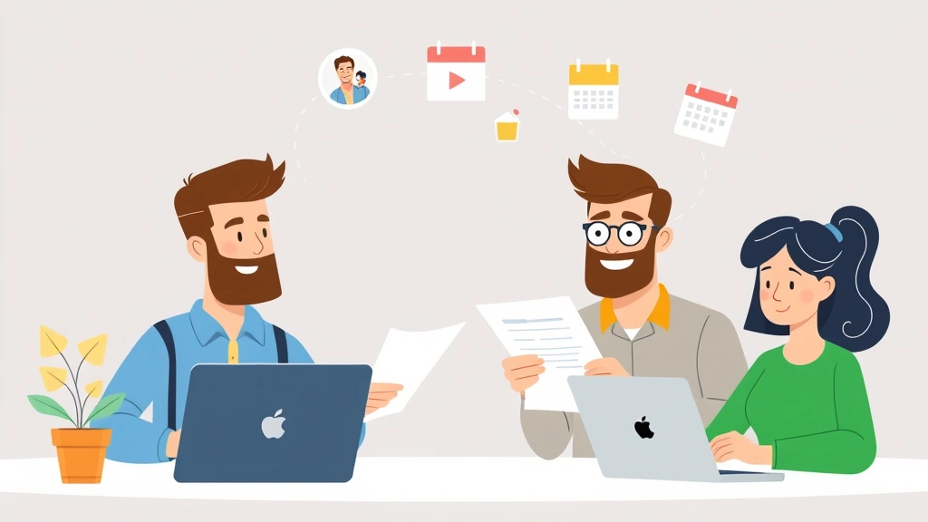 Cartoon diverse contractors collaborating virtually - one on video call, one reviewing documents, one working on laptop, with calendar and project management icons floating around them