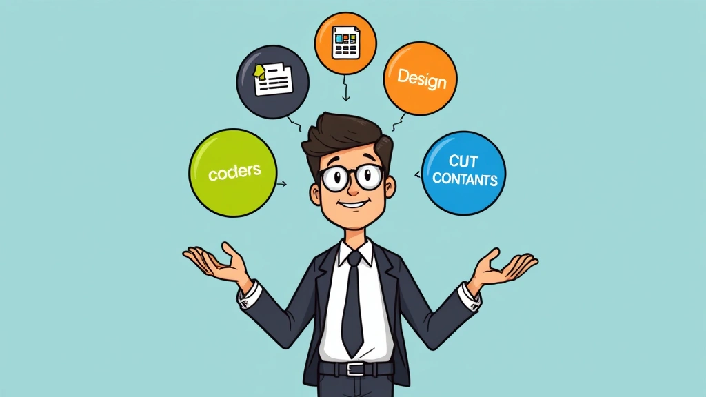 Cartoon business person juggling different colored project spheres labeled with industry icons like code, design, and documents, representing diverse contractor work