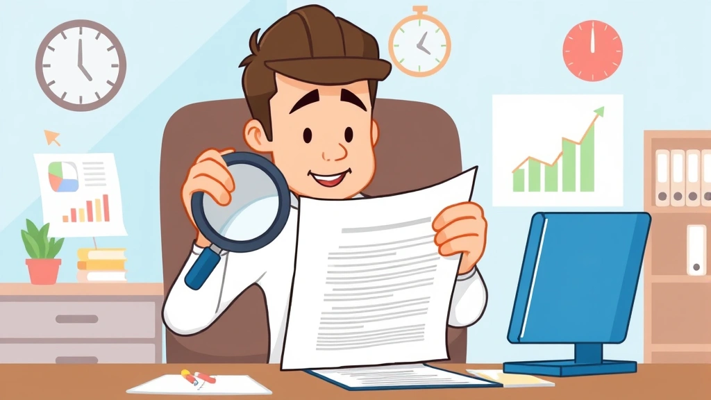 Cartoon style image showing a contractor reviewing a contract document with a magnifying glass, highlighting important details, professional office setting with charts and graphs