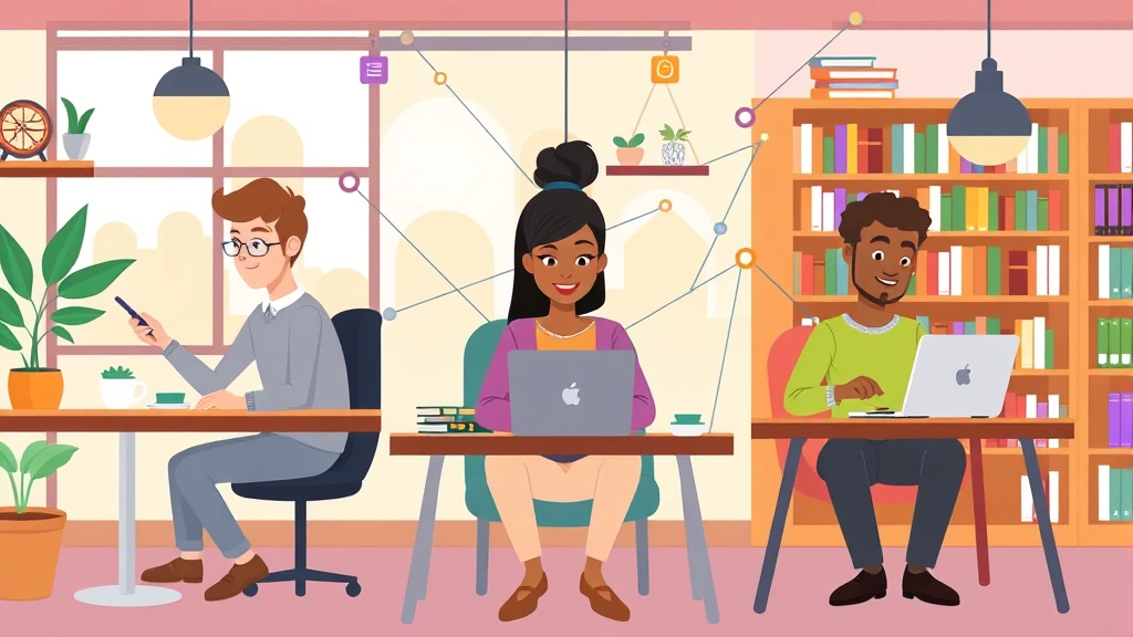 Cartoon illustration of diverse freelancers working remotely from different locations—one at coffee shop, one at home desk, one in library—all connected by digital network lines, colorful backgrounds, modern workspace setup