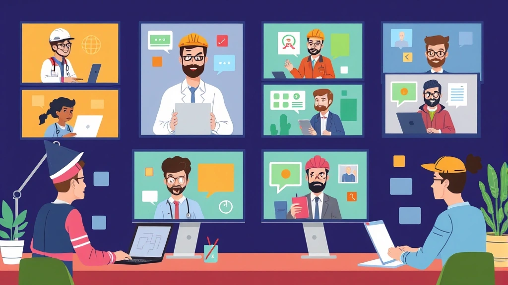 Cartoon style graphic showing diverse contractors collaborating remotely on video call screens, colorful and energetic professional atmosphere