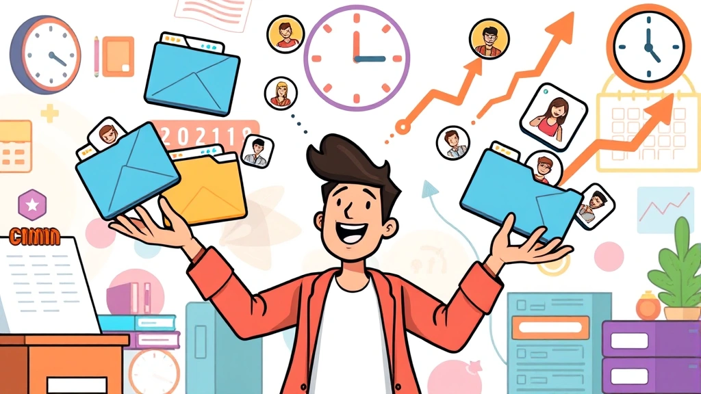 Cartoon image showing a freelancer juggling multiple project folders and client icons floating around them. Busy but organized scene with calendar, clock, and growth arrow in background. Vibrant colors, positive energy.