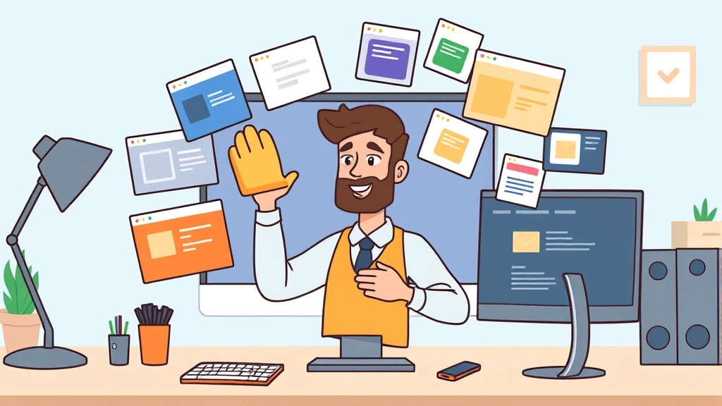 Multiple client project windows displayed on computer screen, contractor juggling different colored project folders, cartoon style with organized workspace