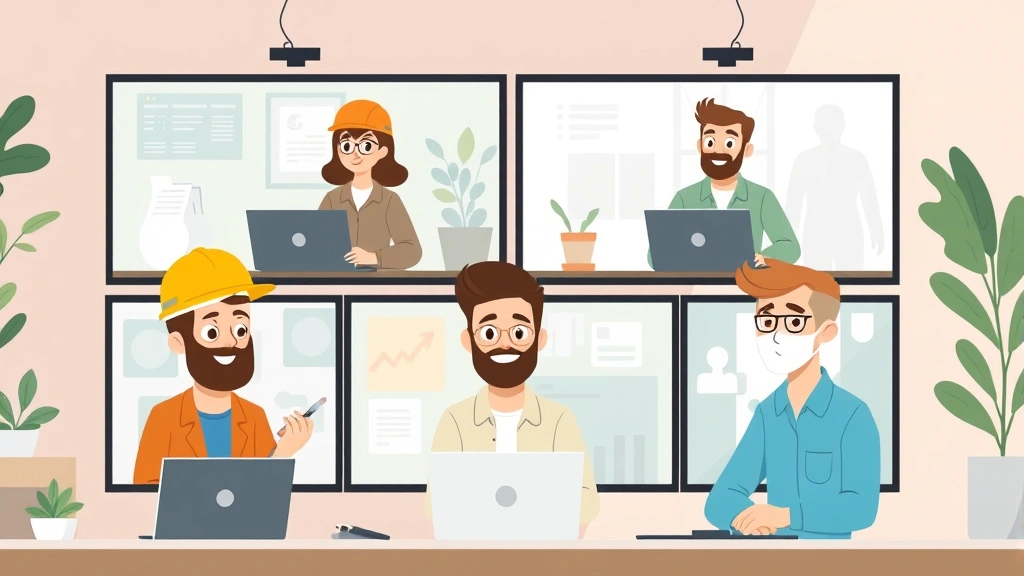 Animated diverse contractors collaborating remotely across video screens, showing different professions including designer, writer, developer, and consultant with happy expressions
