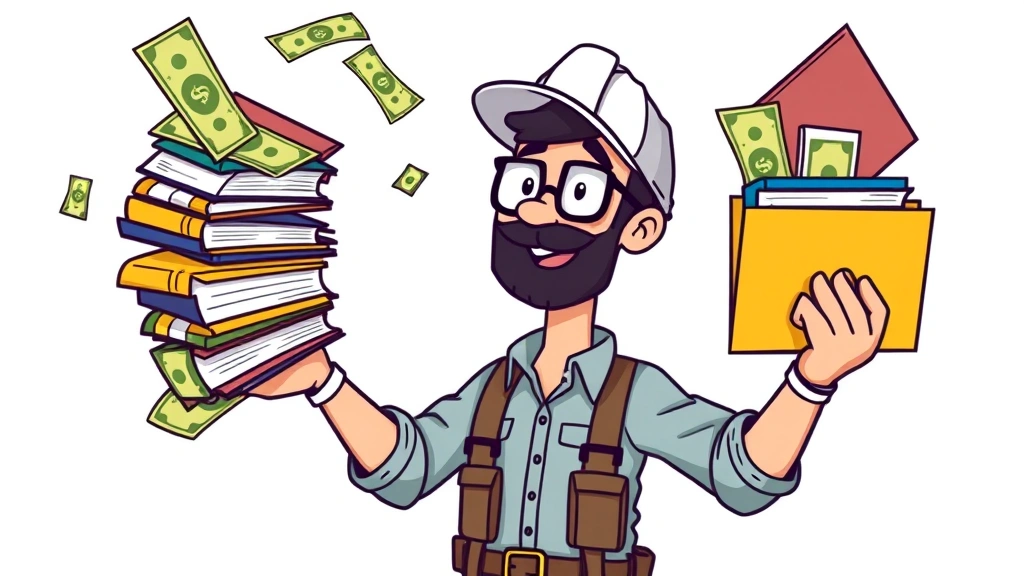 Cartoon contractor juggling multiple colored project folders and dollar bills, showing diverse income sources and varied client work in colorful style