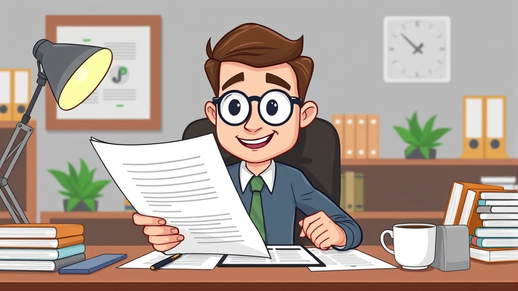 Cartoon business professional reviewing contract documents and calculator with dollar signs, organized desk with coffee cup, confident expression, modern workspace