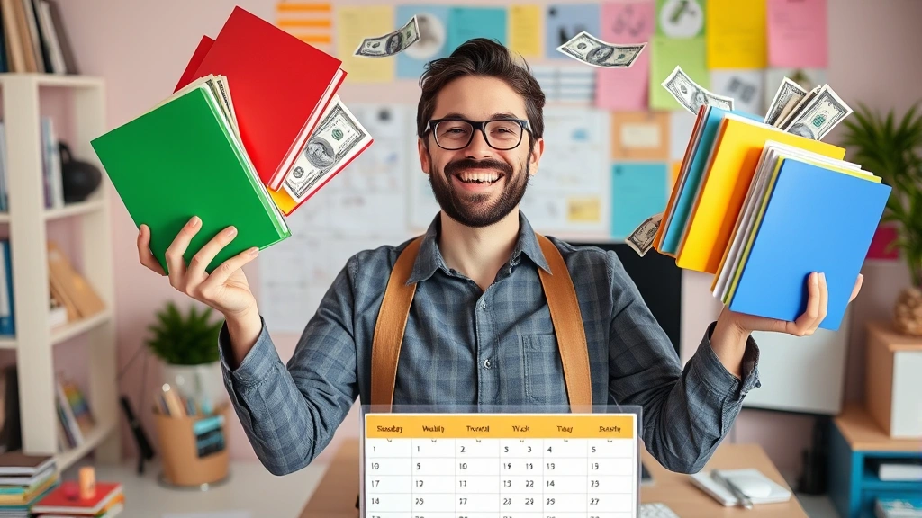 Cheerful freelancer juggling multiple colored project folders and dollar bills, standing on calendar dates, calendar showing payment schedules and deadlines, vibrant workspace background