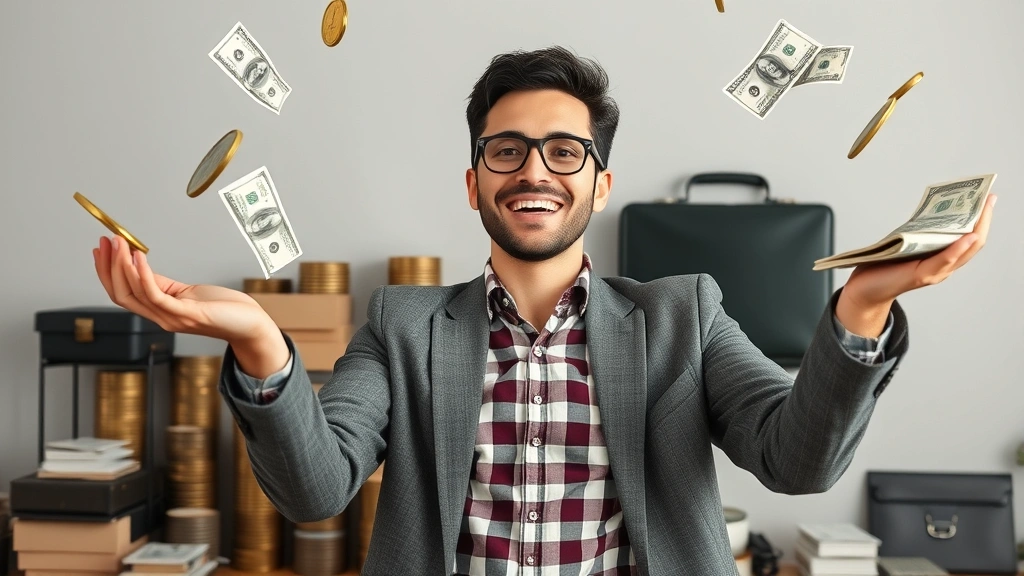 Happy contractor juggling multiple income streams with stacks of coins and briefcases in background, illustrating diverse earning potential of 1099 positions