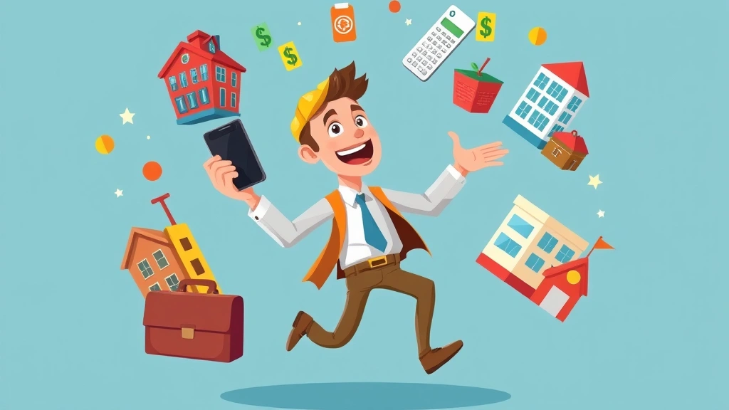 Cartoon contractor juggling multiple colorful client projects in the air with briefcase, calculator, and dollar signs floating around, energetic dynamic pose, diverse business symbols