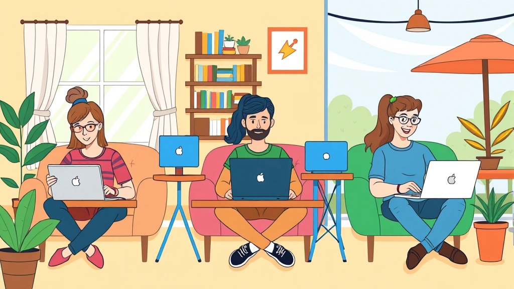 Diverse group of freelancers working on laptops from different locations - home office, coffee shop, outdoor space - showing flexibility of 1099 contract work, bright cheerful cartoon art