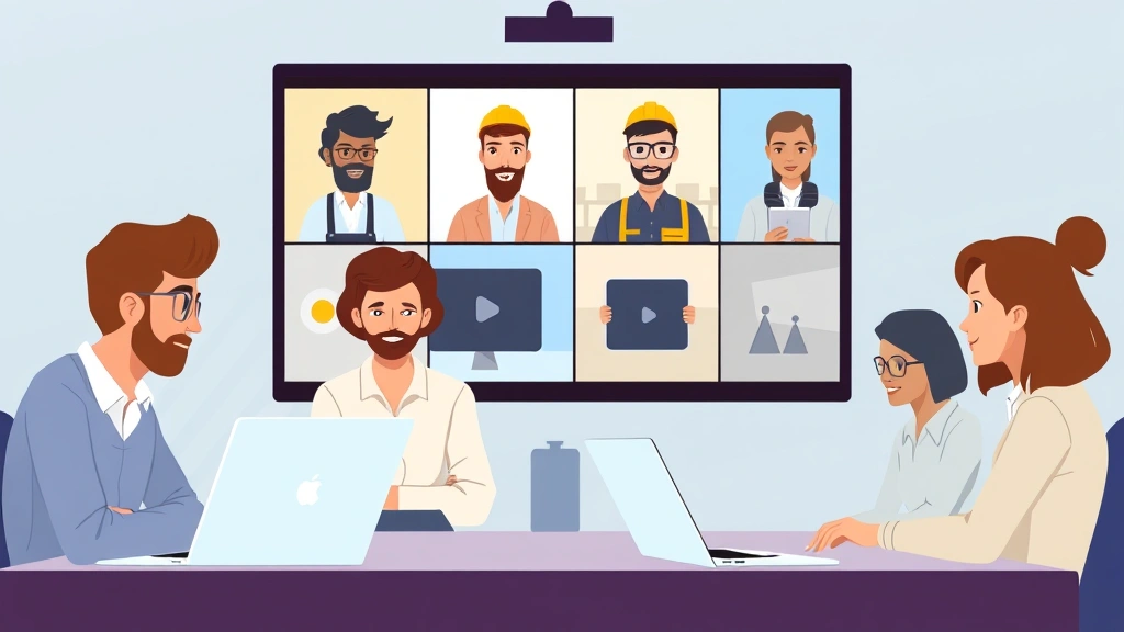 Animated scene of a diverse group of contractors meeting virtually on video conference with laptops, representing remote work, collaboration, and global client relationships