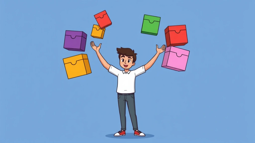 Cartoon freelancer juggling multiple colored project boxes while standing confidently, representing diverse client management and workload balance