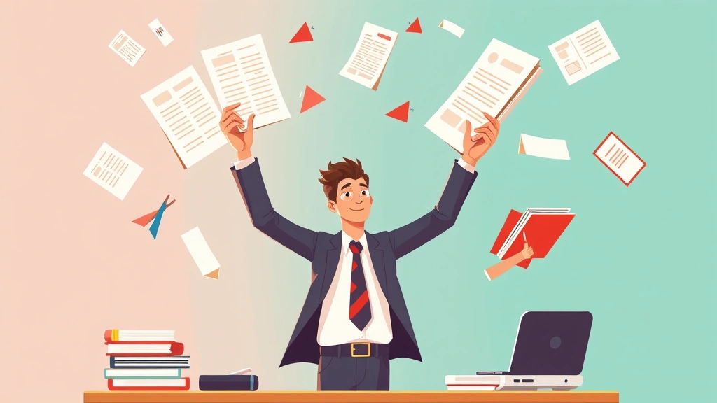 Business person juggling multiple client contracts and project files in the air with organized systems, showing multitasking ability, vibrant colors, cartoon art