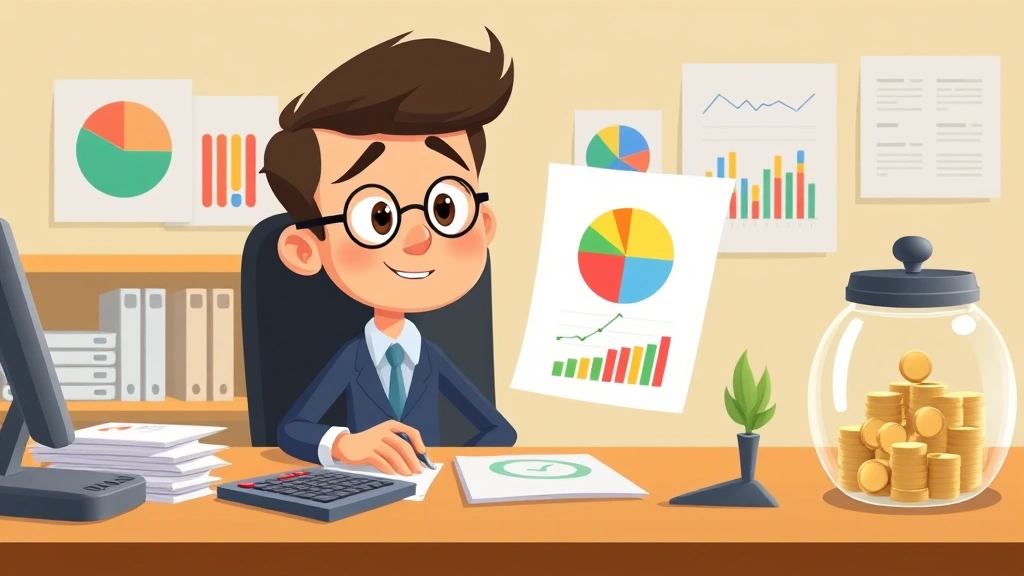 Animated character managing finances with pie charts, tax documents, calculator, and savings jar, organized desk setup, focused concentration, financial planning theme