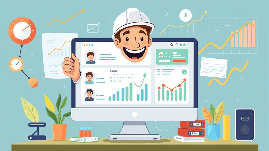 Happy contractor managing multiple projects on computer screen showing clients, calendar, and income tracking, surrounded by business charts and growth indicators, colorful cartoon aesthetic