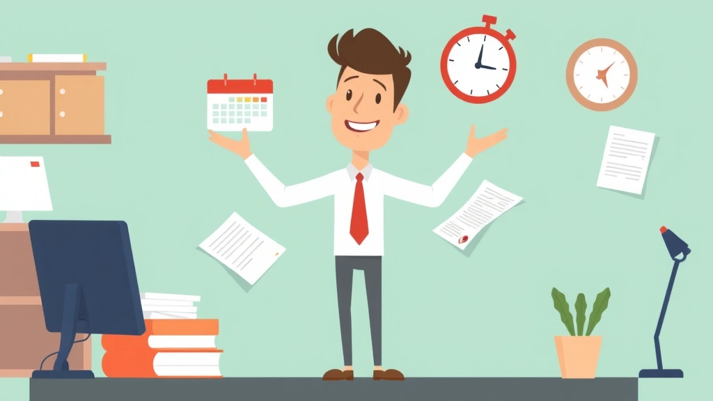 Cartoon freelancer juggling multiple projects with calendar, clock, and contract documents, balanced pose, organized workspace illustration