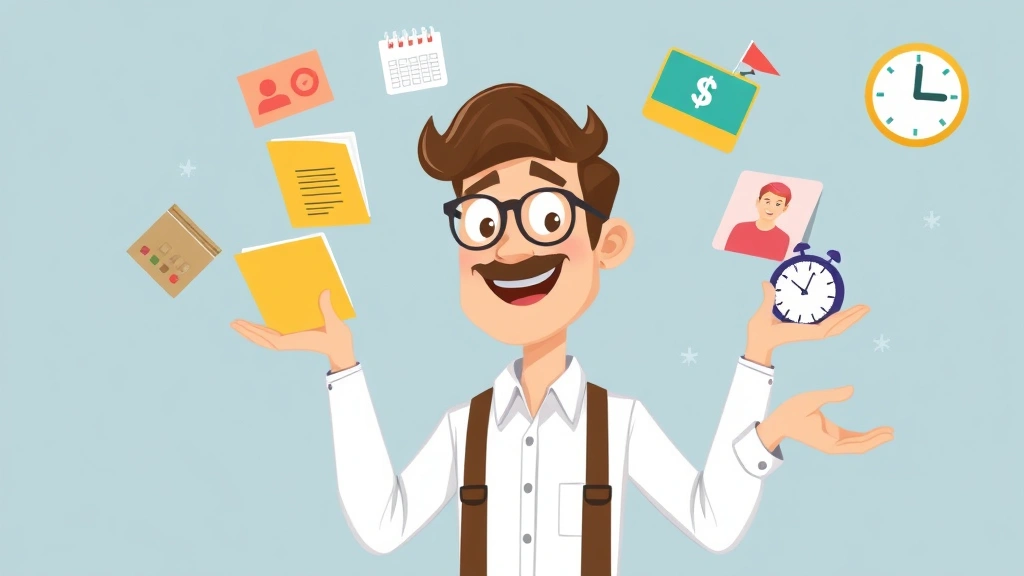 Cartoon male contractor juggling multiple clients and projects, colorful project files, calendar, clock symbols, showing work-life balance and income diversity