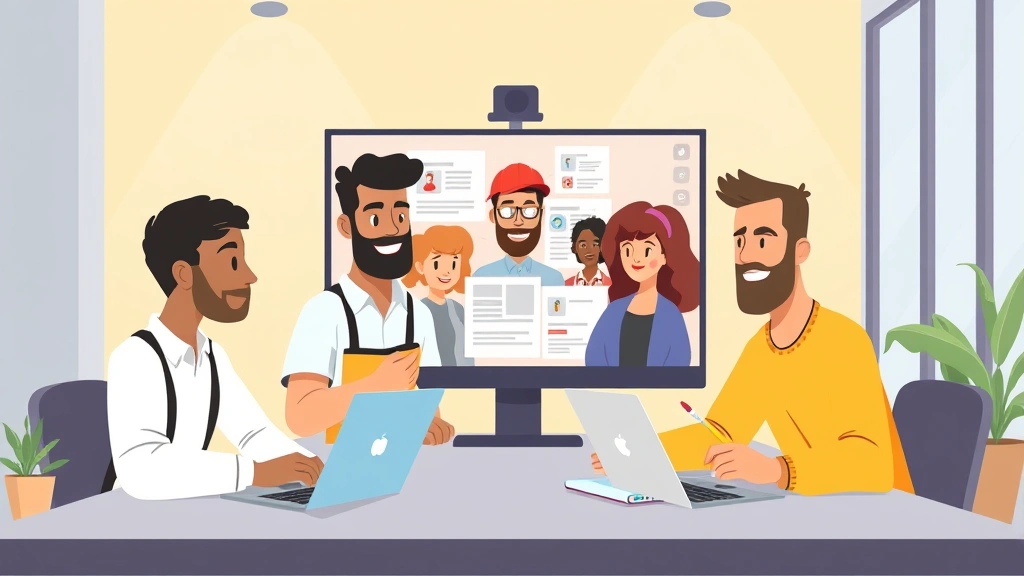 Group of diverse contractors collaborating on project via video call, laptops and notebooks visible, modern workspace, friendly cartoon illustration