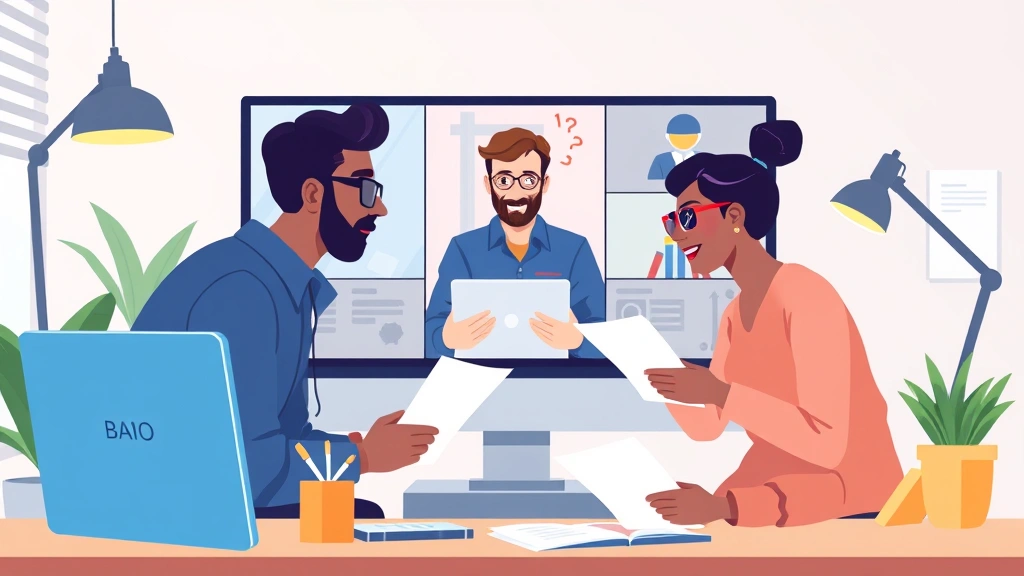Diverse contractors collaborating virtually on video call, sharing documents and ideas, modern home office setup, cartoon style