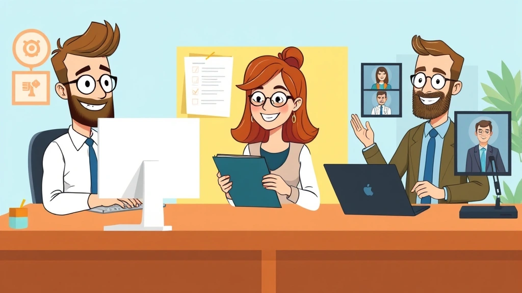 Cartoon illustration of diverse 1099 contractors working simultaneously: designer at computer, writer with notepad, consultant on video call, all smiling in different locations