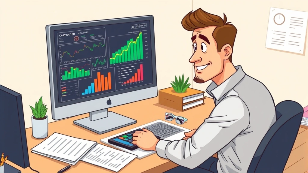 Male contractor analyzing charts and financial graphs on computer screen, calculator and documents on desk, confident expression, professional workspace, cartoon style illustration