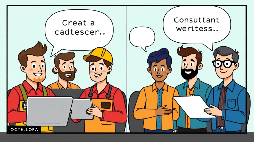 Cartoon diverse group of contractors: developer coding, designer creating graphics, writer typing, consultant presenting ideas. Speech bubbles showing collaboration and communication across video call.