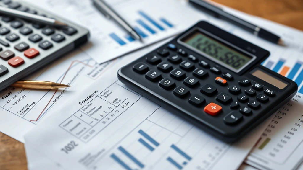 Financial planning concept with calculator, tax documents, and growth charts, contractor managing business finances and taxes, professional atmosphere