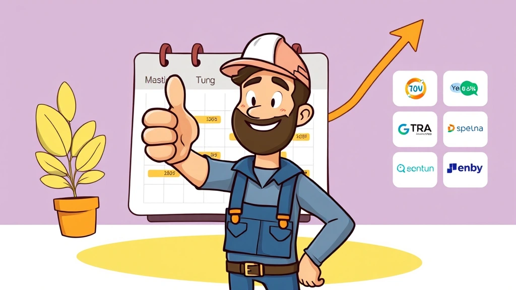 A cheerful cartoon illustration showing a diverse contractor celebrating success with a thumbs-up gesture, standing in front of a calendar filled with booked projects, rising income graph, and multiple client logos in the background
