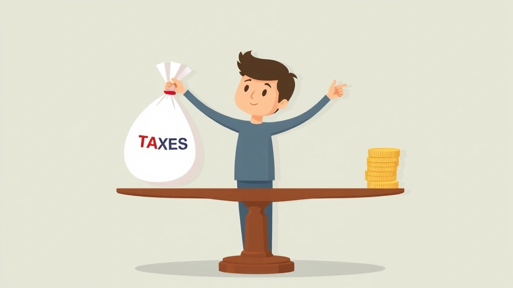Cartoon figure balancing money bag labeled 'taxes' on one side and stacks of coins on other side, scale in middle, neutral background